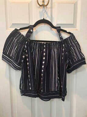 🛍️ Purple Rain Off-Shoulder Embroidered Navy Boho Top Size L